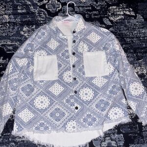 Pink Lily Navy and White Paisley Denim Jacket